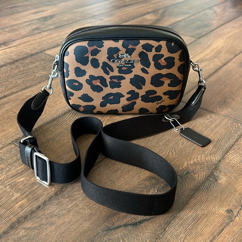 Coach Leopard Print Jamie Camera Style Crossbody Bag Black/Saddle Brown